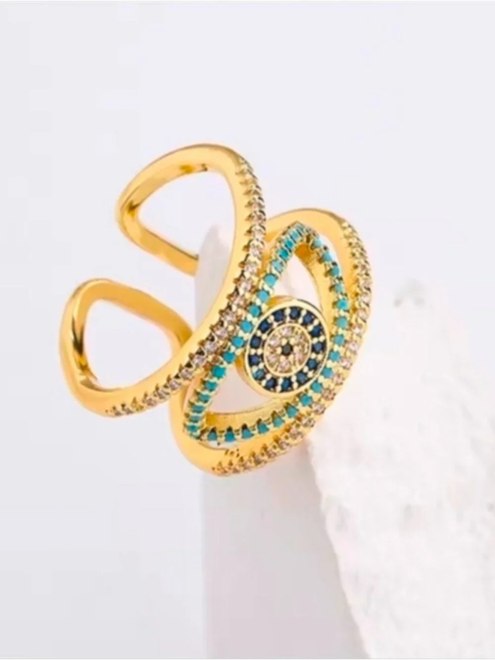 Gold-Tone Turquoise & Royal Blue Pavé Eye Open Ring